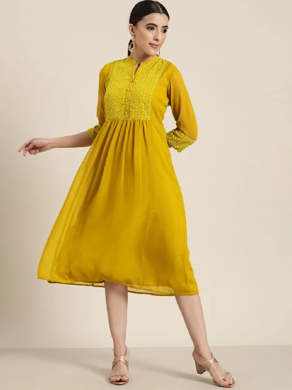 Midi Dresses for Craft Fun -Juniper Mustard Georgette Lacy Midi Dress With Yoke Embroidery & Show Buttons