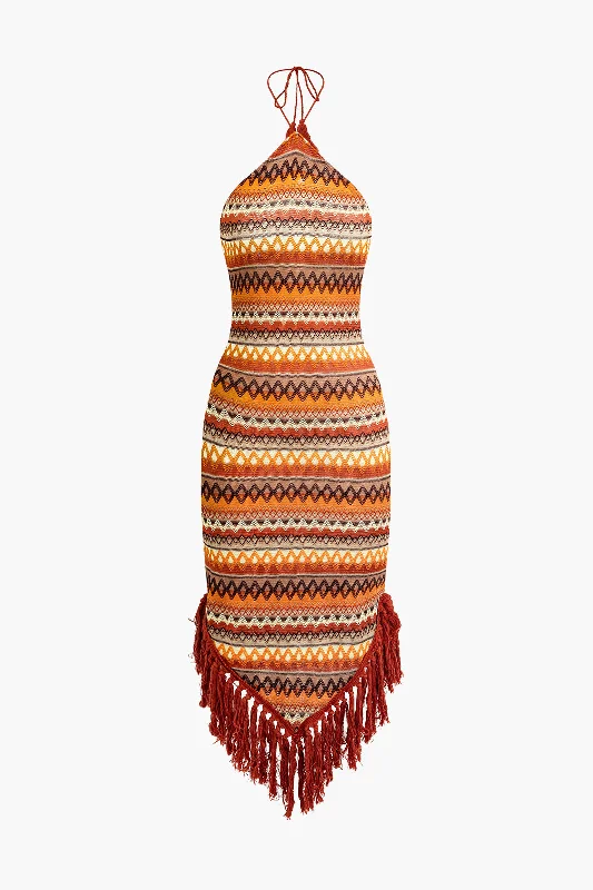 Ruffle-Edge Midi Dresses -Fringe and Colorful Pattern Bohemian Halter Midi Dress