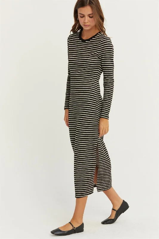 Airy-Fabric Midi Dresses -Knit Striped Midi Dress