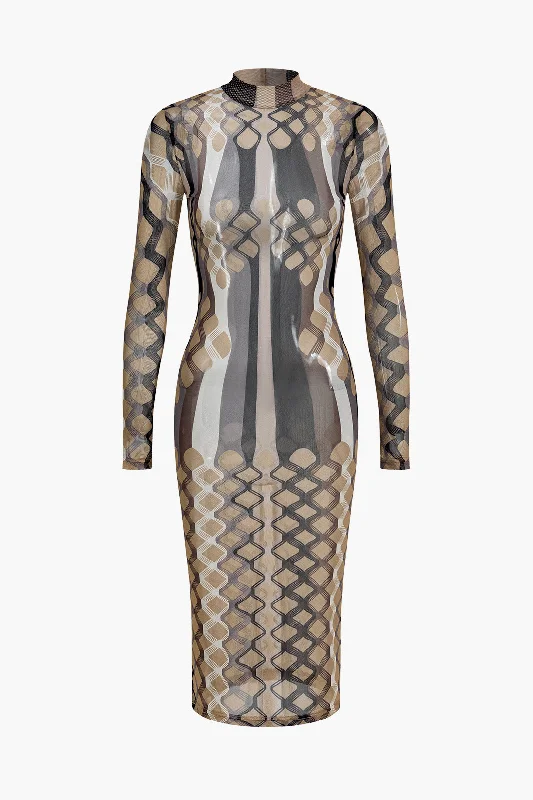 Twist-Edge Midi Dresses -Geometric Print Sheer Mesh Long Sleeve Midi Dress