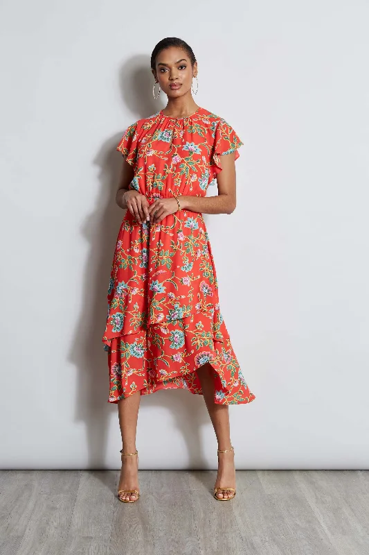 Flounce-Top Midi Dresses -T-Tahari Hibiscus Garden Print Midi Dress