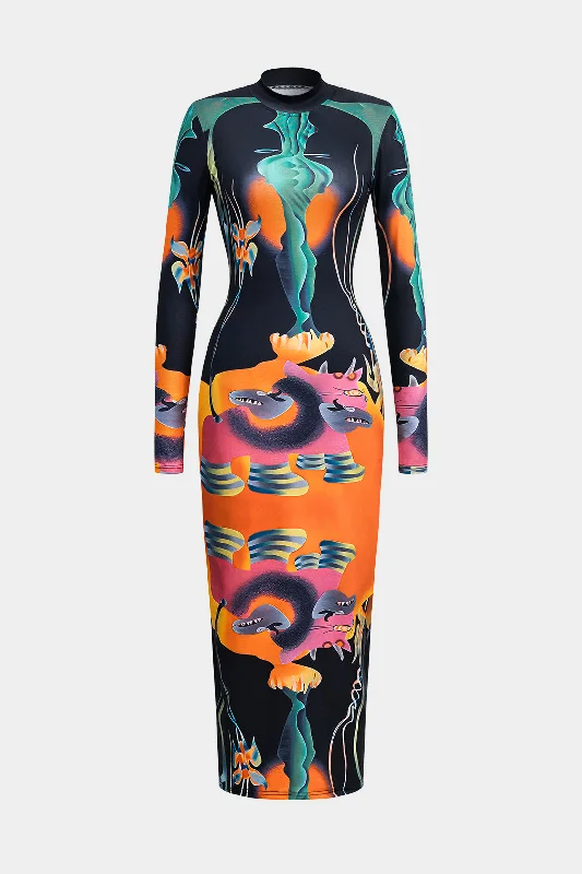 Lace-Edge Midi Dresses -Abstract Print Long Sleeve Bodycon Midi Dress