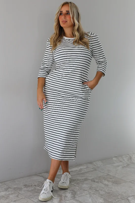 Midi Dresses for Short Breaks -Simple Striped Midi Dress: White/Black