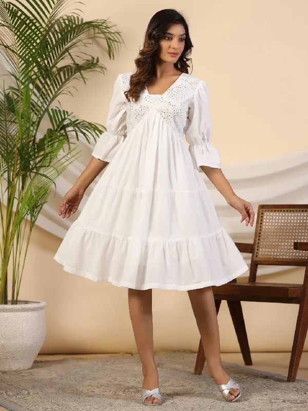 Frilled-Front Midi Dresses -Juniper White Pure Cotton Alia Cut Mirror Work Tiered Midi Dress With Lining