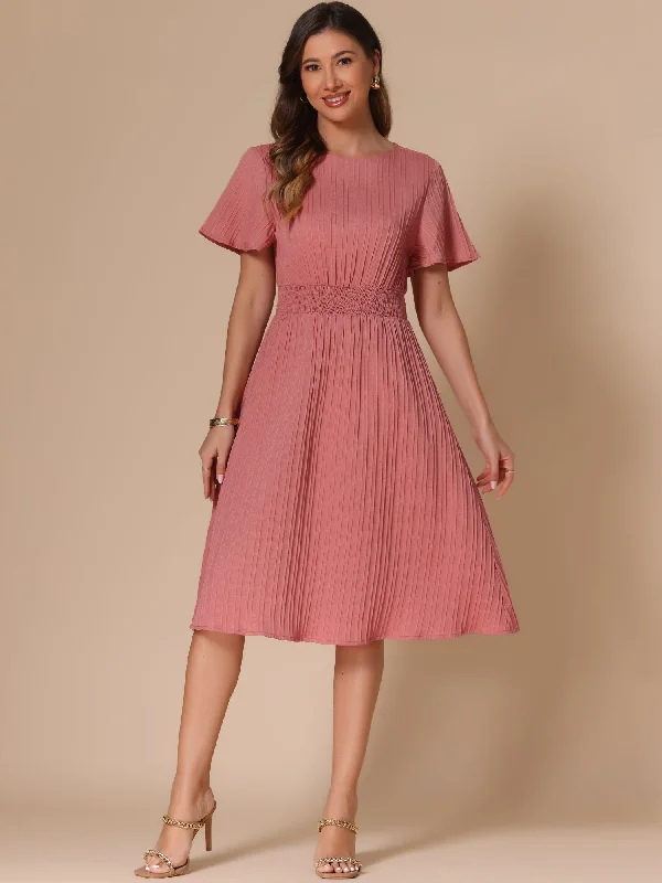 Silky Midi Dresses for Shine -Textured Short Sleeve Smocked Wasit A-Line Midi Dress