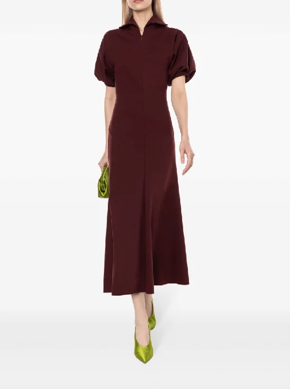 Midi Dresses for Lake Edge -puff-sleeve midi dress in burgundy