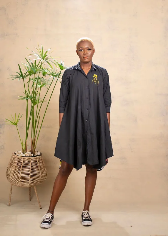 Tropical Midi Dresses for Fun -AIMAS Borad Black Cotton Shirt Dress with Adire Back Detail