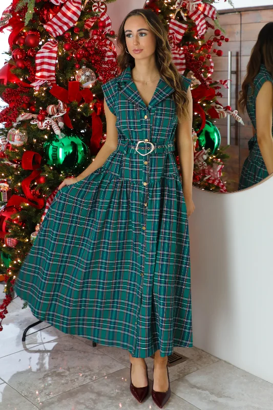 Curved-Skirt Midi Dresses -Mrs. Claus Midi Dress: Green/Plaid