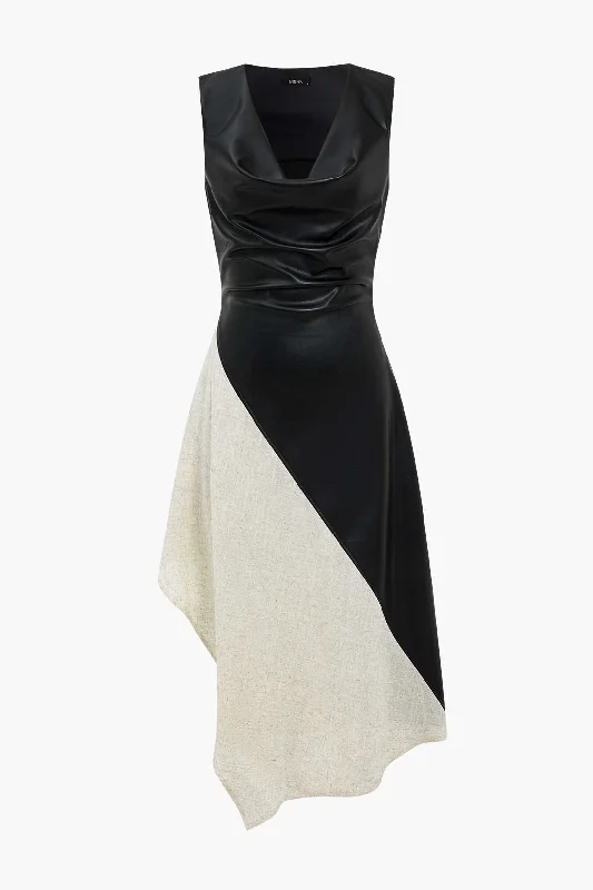 Midi Dresses for Fall Fun -Color Block Draped Cowl Neck Asymmetrical Midi Dress