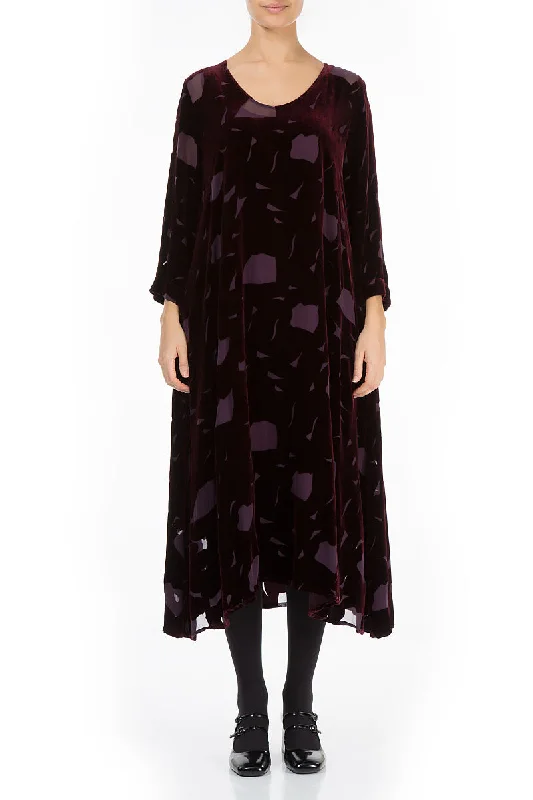 Ruffled-Edge Midi Dresses -Flowy Abstract Devoré Wine Silk Velvet Midi Dress