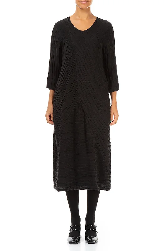 Flounce-Top Midi Dresses -Crinkled Black Silk Linen Midi Dress