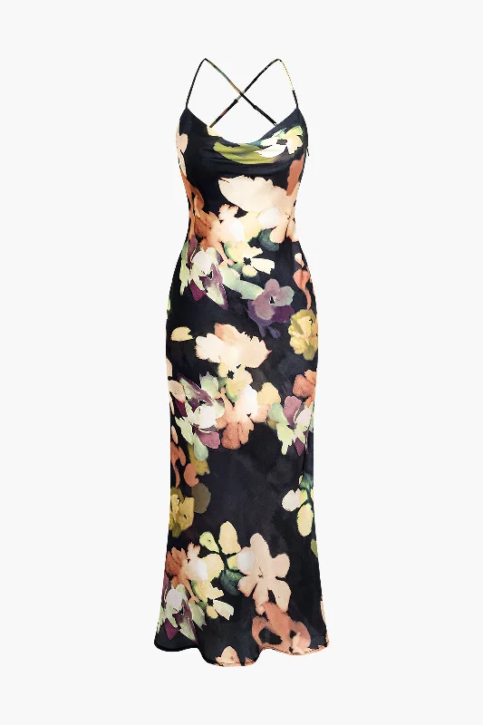 Bare-Shoulder Midi Dresses -Floral Print Halter Midi Dress