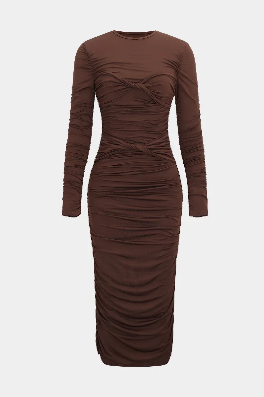 Cross-Edge Midi Dresses -Ruched Round Neck Long-Sleeve Midi Dress