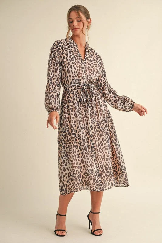 Open-Neck Midi Dresses -Leopard Chiffon Midi Dress