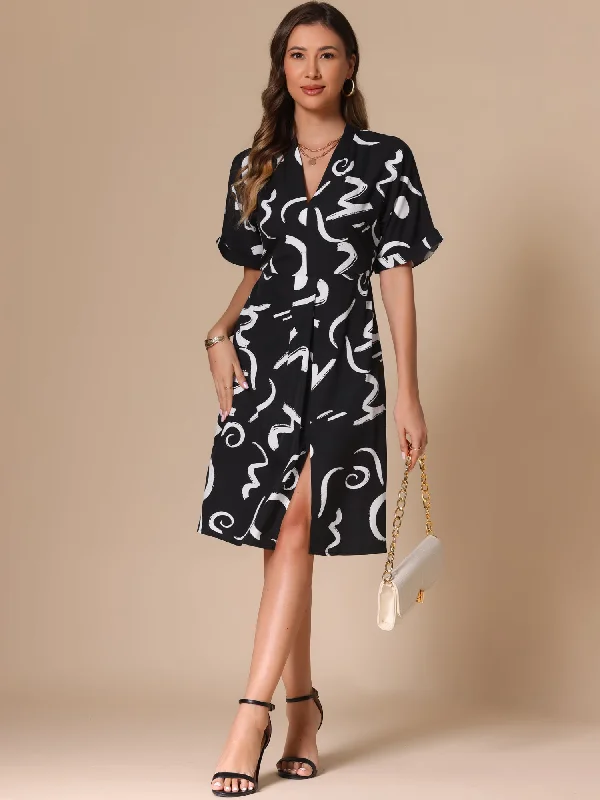 Natural-Tone Midi Dresses -Short Sleeve V Neck High Waist Graphic Midi Slit Dress