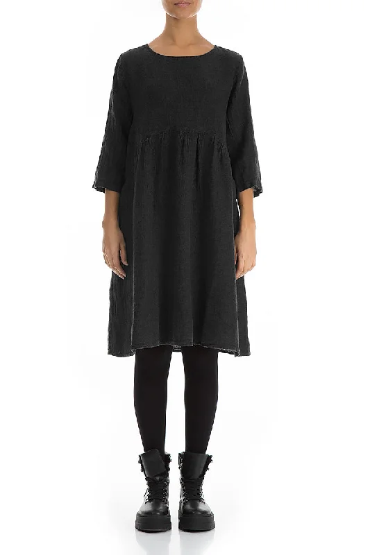 Soft-Cotton Midi Dresses -Flared Black Mélange Linen Midi Dress