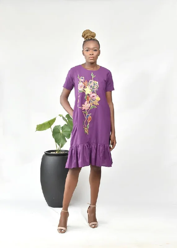 Extended-Hem Midi Dresses -AIMAS Kwassa Purple Embellished Cotton Shift Dress