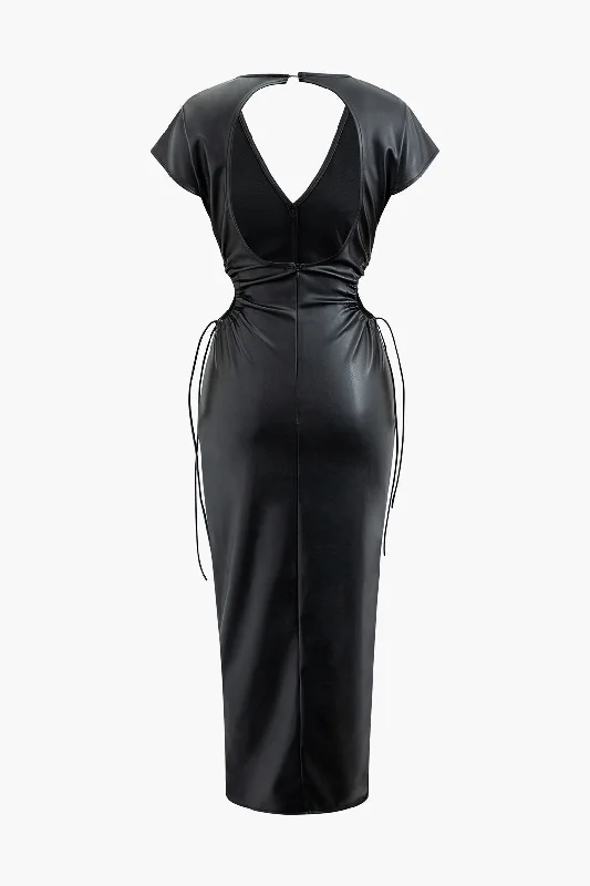 Flared-Edge Midi Dresses -V-neck Faux Leather Cut Out Drawstring Midi Dress