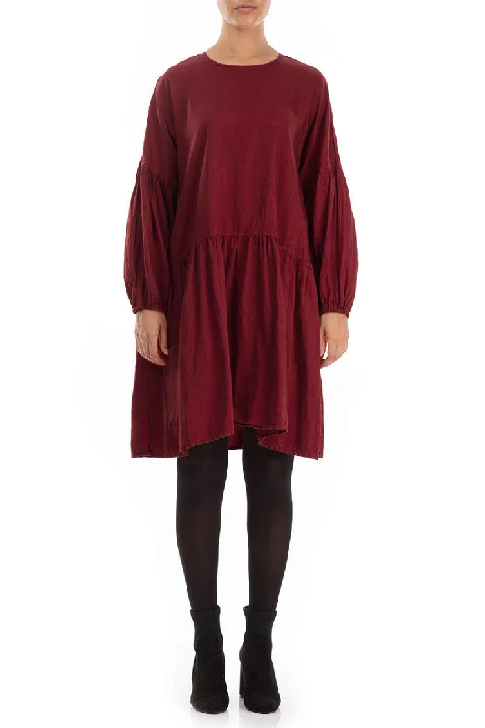 Fun-Color Midi Dresses -Loose Bordeaux Silk Cotton Midi Dress