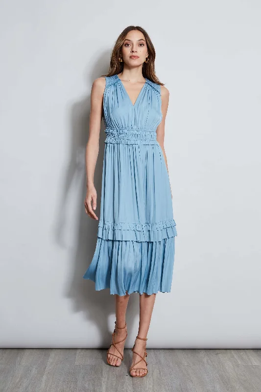 Open-Strap Midi Dresses -T-Tahari Smocked Sleeveless Midi Dress