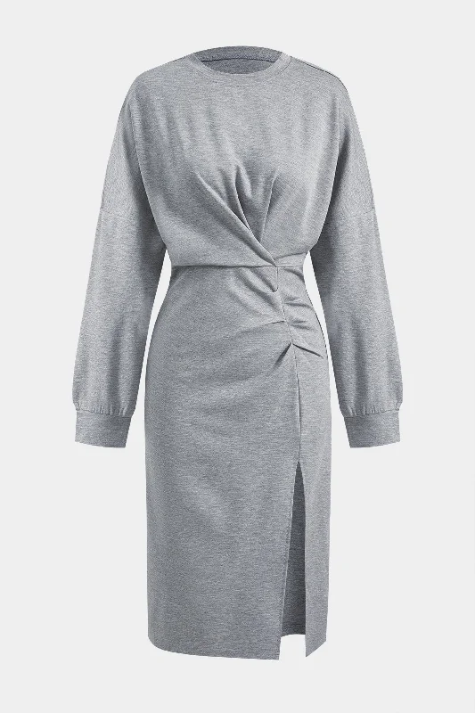 Midi Dresses for Evening Events -Ruched Slit Round Neck Long Sleeve Midi Dress