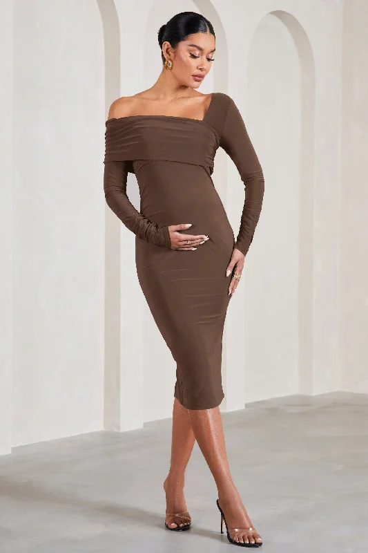 Midi Dresses for Rooftop Fun -Heartbeat Chocolate One-Shoulder Long-Sleeved Maternity Midi Dress