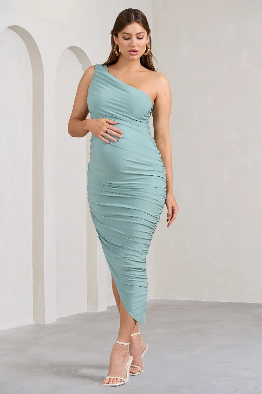 Midi Dresses for Pool Parties -Late Night | Mint Green Maternity Ruched One Shoulder Midi Dress