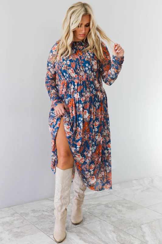 Midi Dresses for Shore Fun -Fall Stroll Midi Dress: Navy/Multi Floral