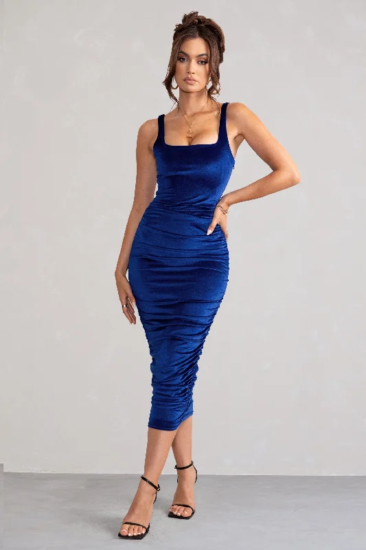 Angular-Neck Midi Dresses -Beauty | Royal Blue Velvet Square Neck Bodycon Midi Dress