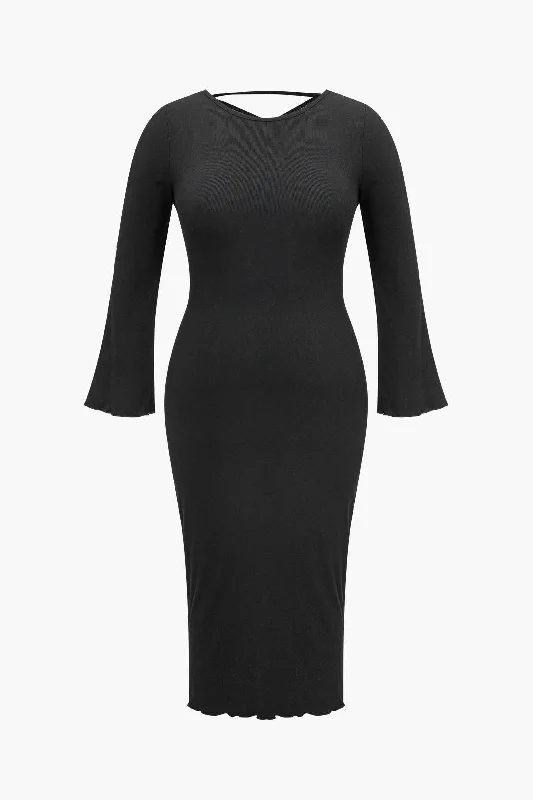 Midi Dresses for Holiday Cheer -Plus Size Solid Knit Backless Tie Back Midi Dress