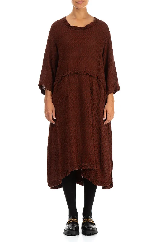 Pure-Silk Midi Dresses -Textured Cinnamon Linen Midi Dress