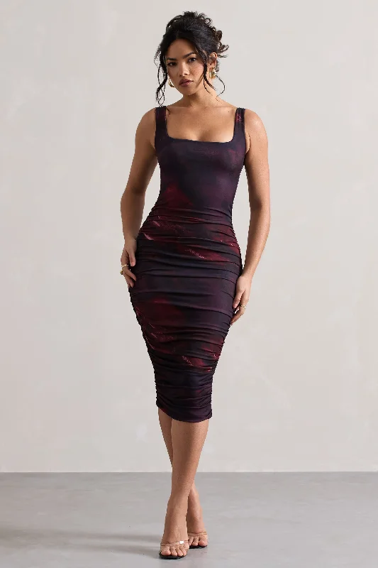 Structured Midi Dresses -Lisbon | Plum Print Square Neck Ruched Midi Dress