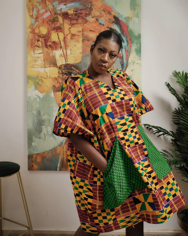 Midi Dresses for Night Dinners -Afua Multicolour Kente Dashiki Dress