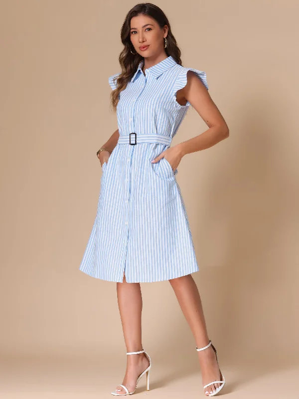 Patchwork Midi Dresses -Striped Collar Ruffled Sleeve Belted Midi Shirt Dress