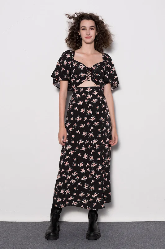 Button-Edge Midi Dresses -Floral Tie Front Midi Dress