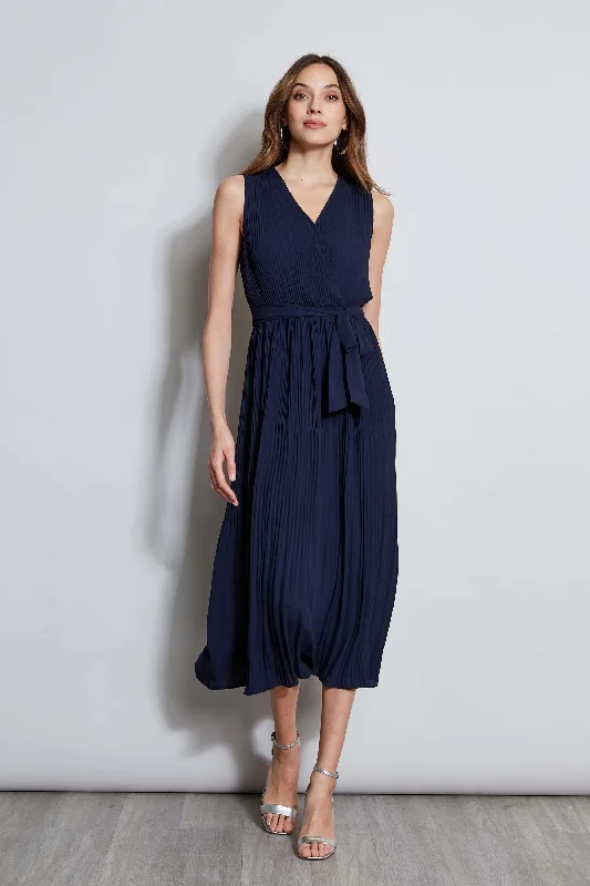 Midi Dresses for Club Chill -T-Tahari Pleated Faux Wrap Midi Dress