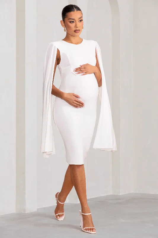 Midi Dresses for Art Shows -Hey Mama | White Maternity Cape Midi Dress