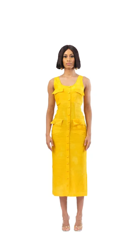 Plaid Midi Dresses for Charm -Joy Sleeveless Linen Dress - Yellow