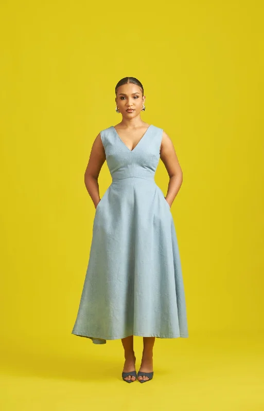 Midi Dresses for Bridesmaid Duties -M.O.T DB Denim Midi length dress with Pockets