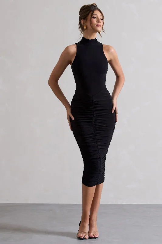 Vintage Midi Dresses for Retro -Sidnie | Black Ruched Bodycon High-Neck Midi Dress