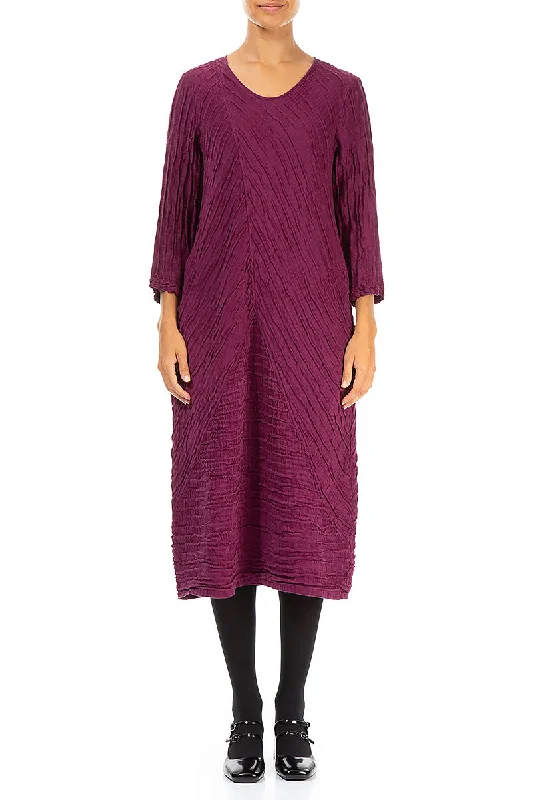 Rich-Fabric Midi Dresses -Crinkled Magenta Silk Linen Midi Dress