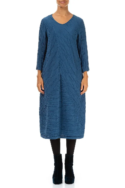 Midi Dresses for Music Chill -Crinkled Azure Silk Linen Midi Dress