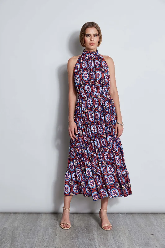 Curved-Fit Midi Dresses -T-Tahari Pleated Print Halter Midi Dress