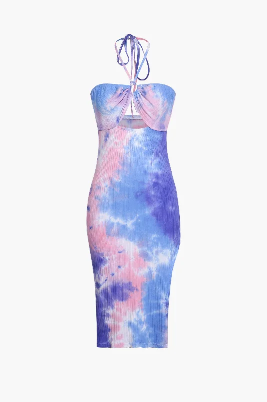 Midi Dresses for Hot Days -Blue Tie Dye Halter Neck Midi Dress