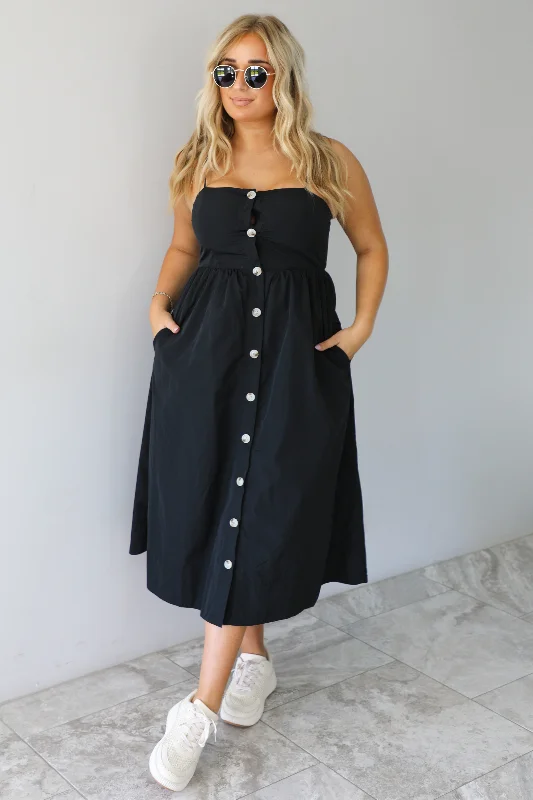 Midi Dresses for Park Chill -Off The Coast Midi Dress: Black