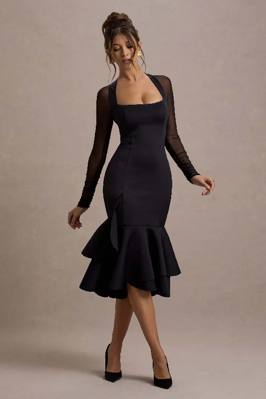 Midi Dresses for Bachelorette Nights -Sander | Black Mesh Long-Sleeve Ruffle-Hem Midi Dress