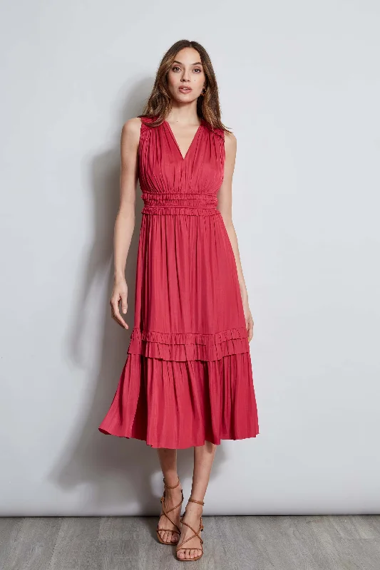 Tie-Top Midi Dresses -T-Tahari Smocked Sleeveless Midi Dress