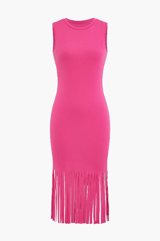 Soft-Silk Midi Dresses -Fringe Hem Sleeveless Midi Dress