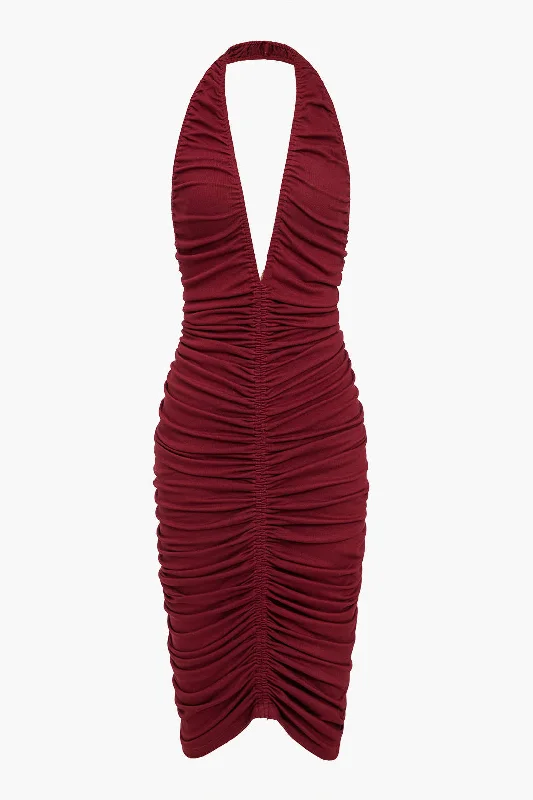 Mesh-Top Midi Dresses -Solid Ruched Backless V-neck Midi Dress