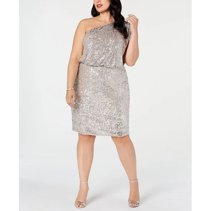 Adrianna Papell Women's Sequined Knee Length Blouson Cocktail Dress Silver Size 18W